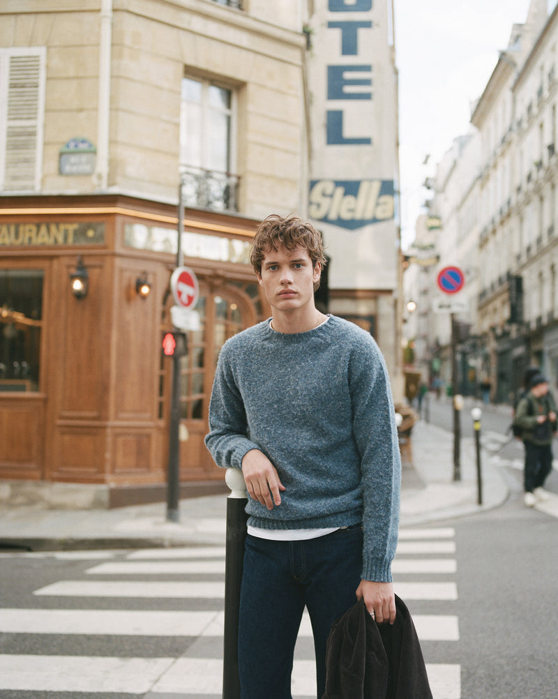Blue Grey Knitted Shaggy-Dog Crewneck Sweater – Harmony Paris